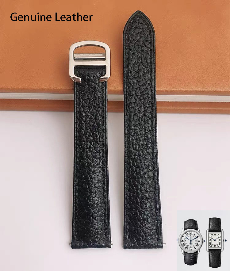 Cartier Watch Tank - สายนาฬิกาหนังแท้เหมาะสำหรับสายนาฬิกาคาร์เทียร์ ซานโตส แทงค์ โซโลสายนาฬิกาหนังวัวสีดำ