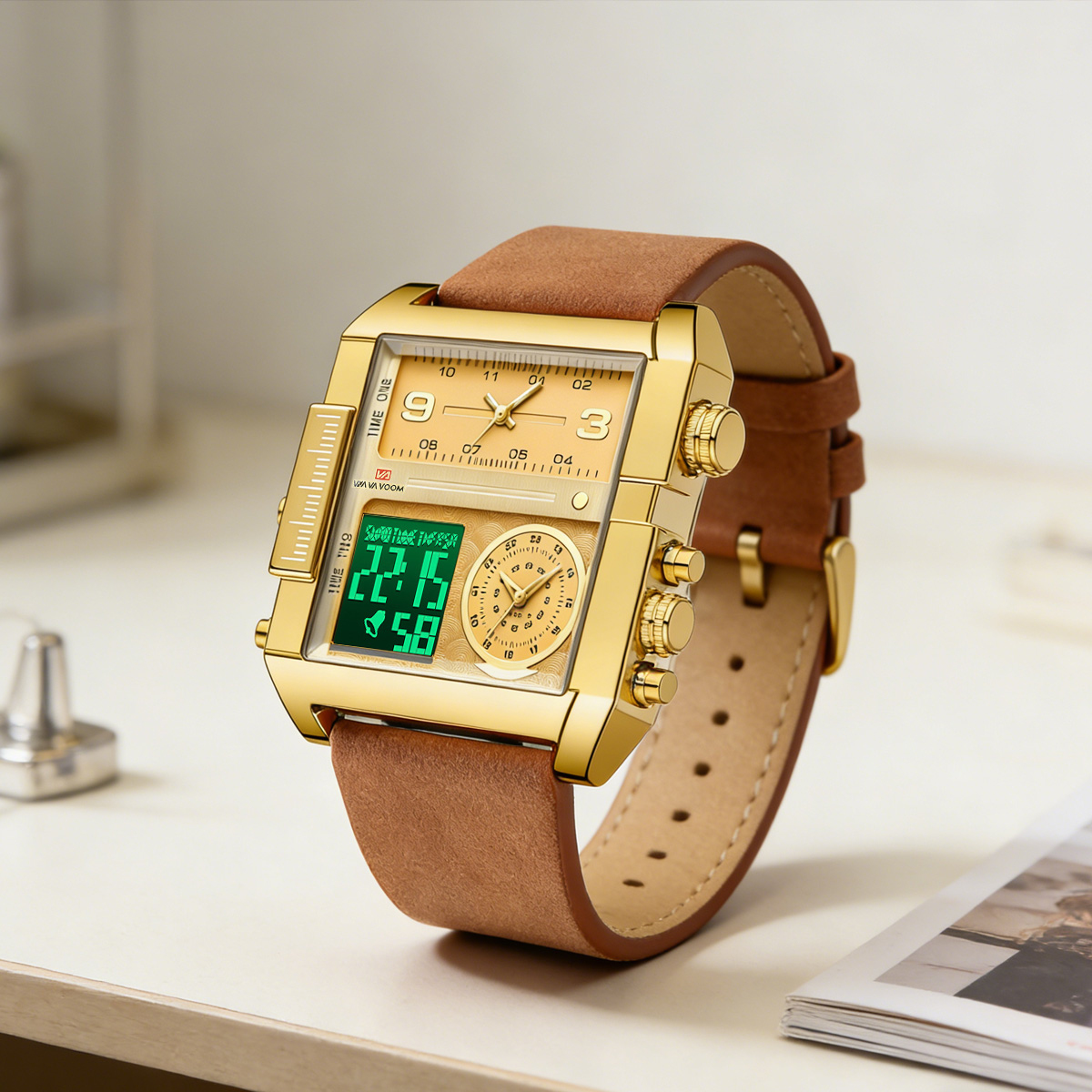 Leather Watch Band Men - นาฬิกาอิเล็กทรอนิกส์สำหรับผู้ชาย หน้าปัดสี่เหลี่ยม 48 มม. ตัวเรือนสีทอง จอแสดงผล