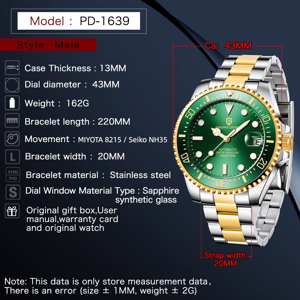 PAGANI ดีไซน์ PD1639 นาฬิกาอัต - Rolex Watch Submariner บทวิจารณ์และราคา